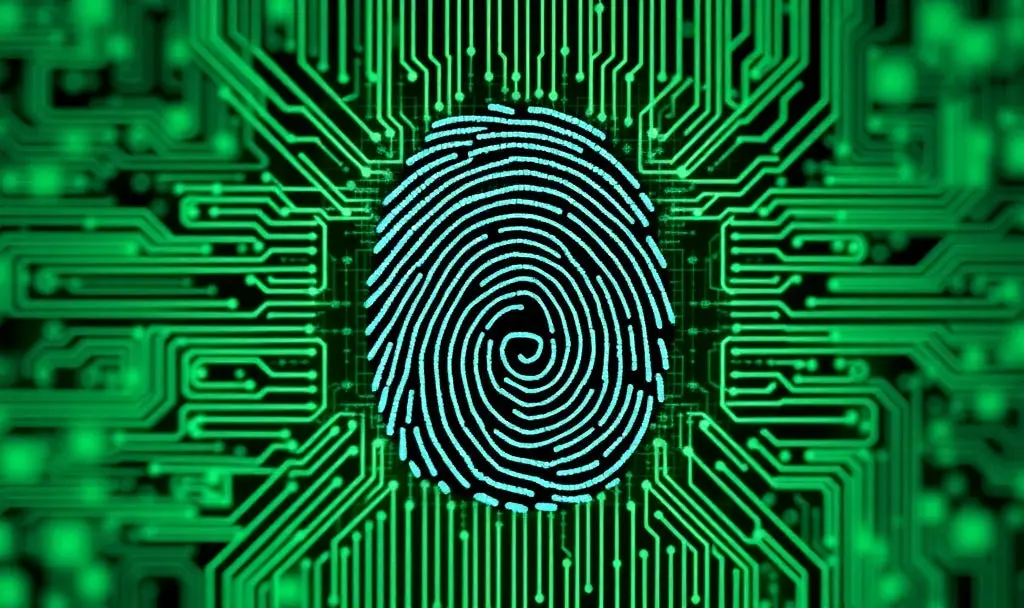 A glowing fingerprint on a green circuit board